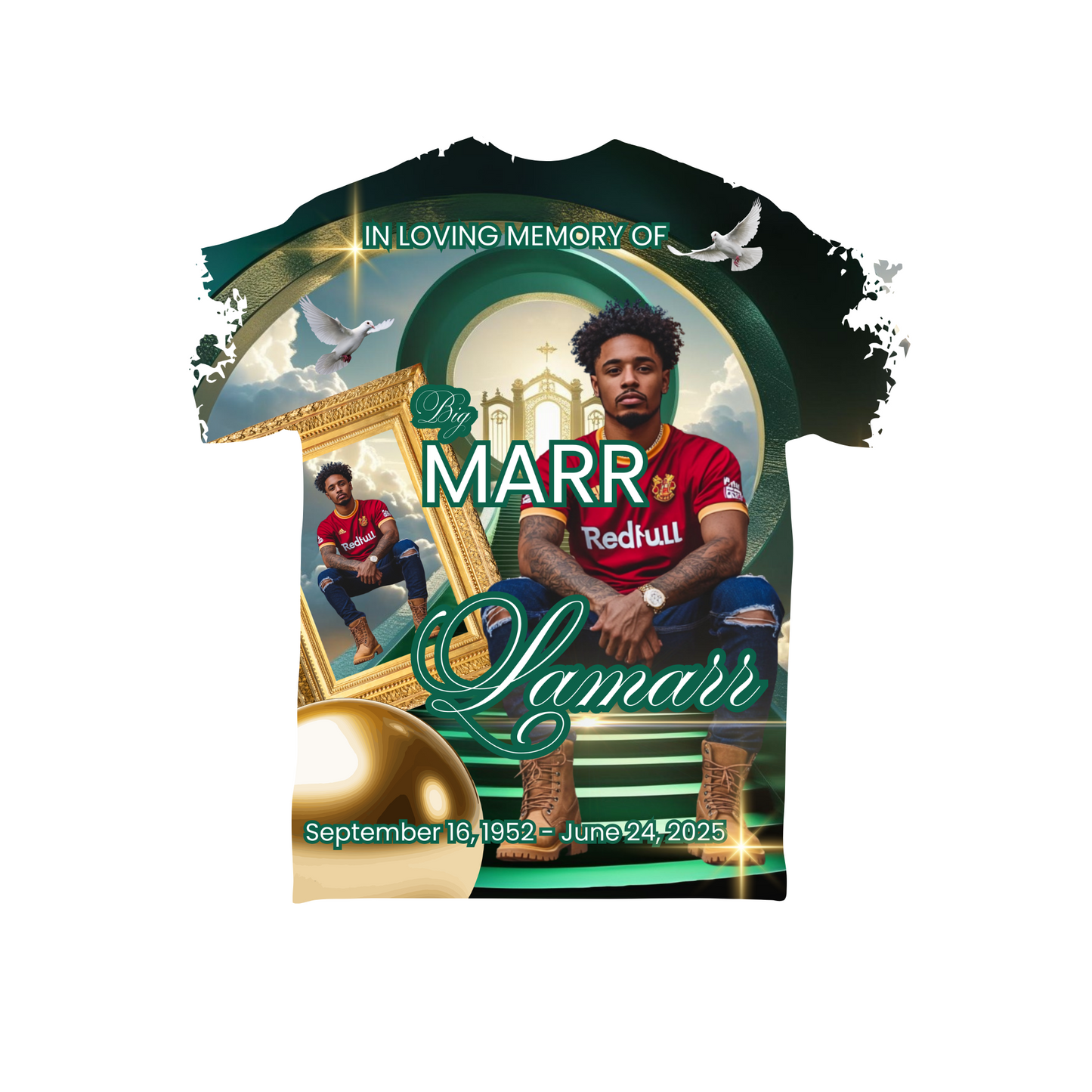 All-Over Print Memorial Shirt – Photo Tribute Tee for Loved Ones- Emerold and Gold