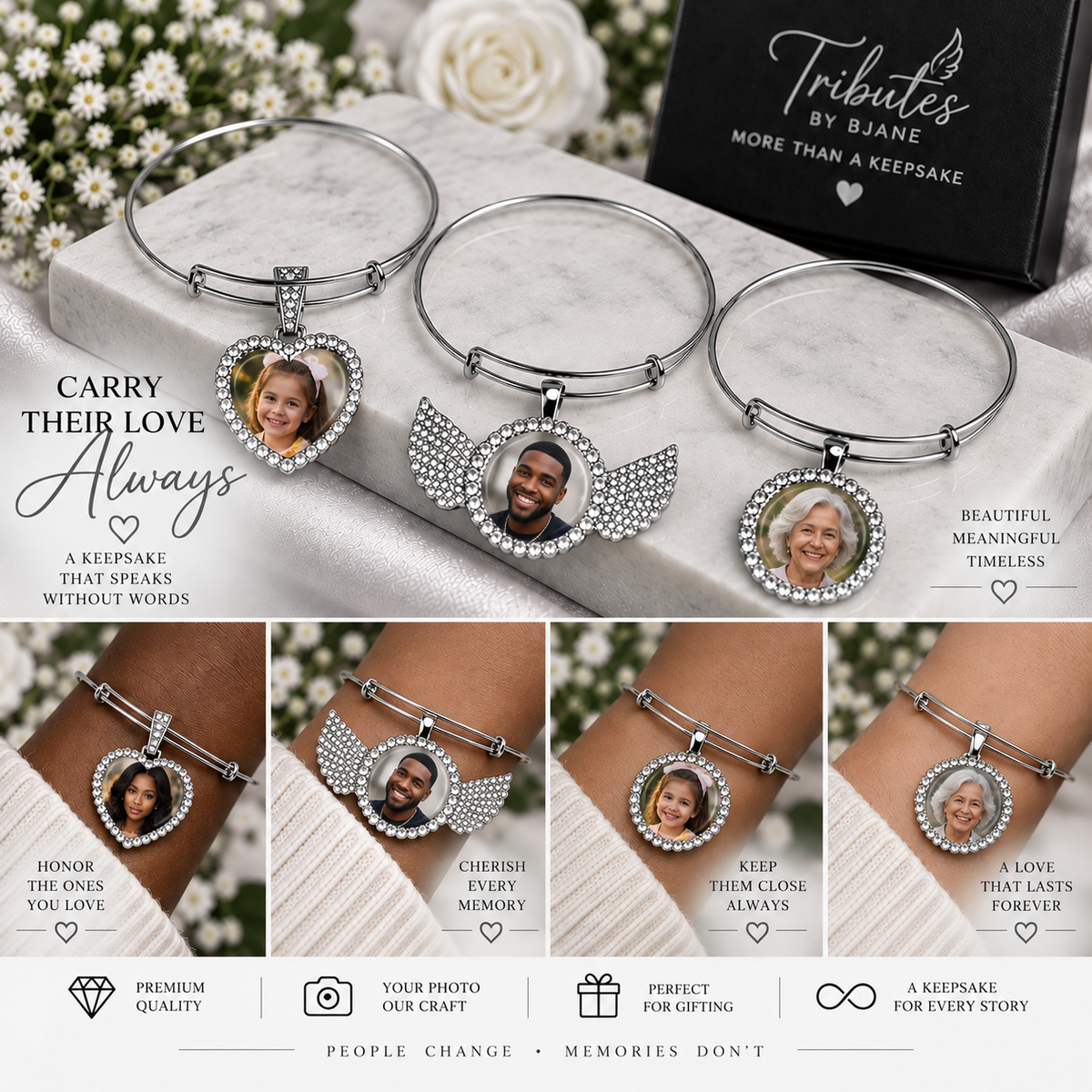 Personalized Photo Memorial Bracelet – Heart & Angel Wing Keepsake