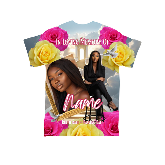 All-Over Print Memorial Shirt – Photo Tribute Tee for Loved Ones- Pink and Yellow