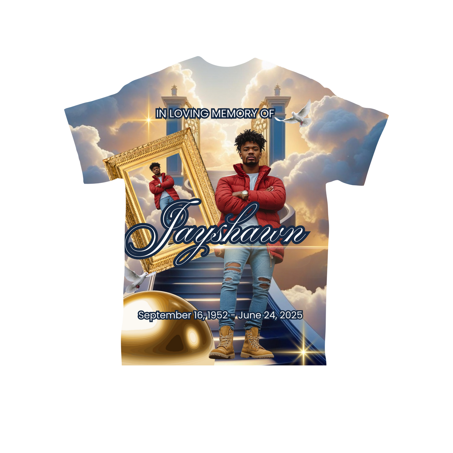 All-Over Print Memorial Shirt – Photo Tribute Tee for Loved Ones- Purple and Gold