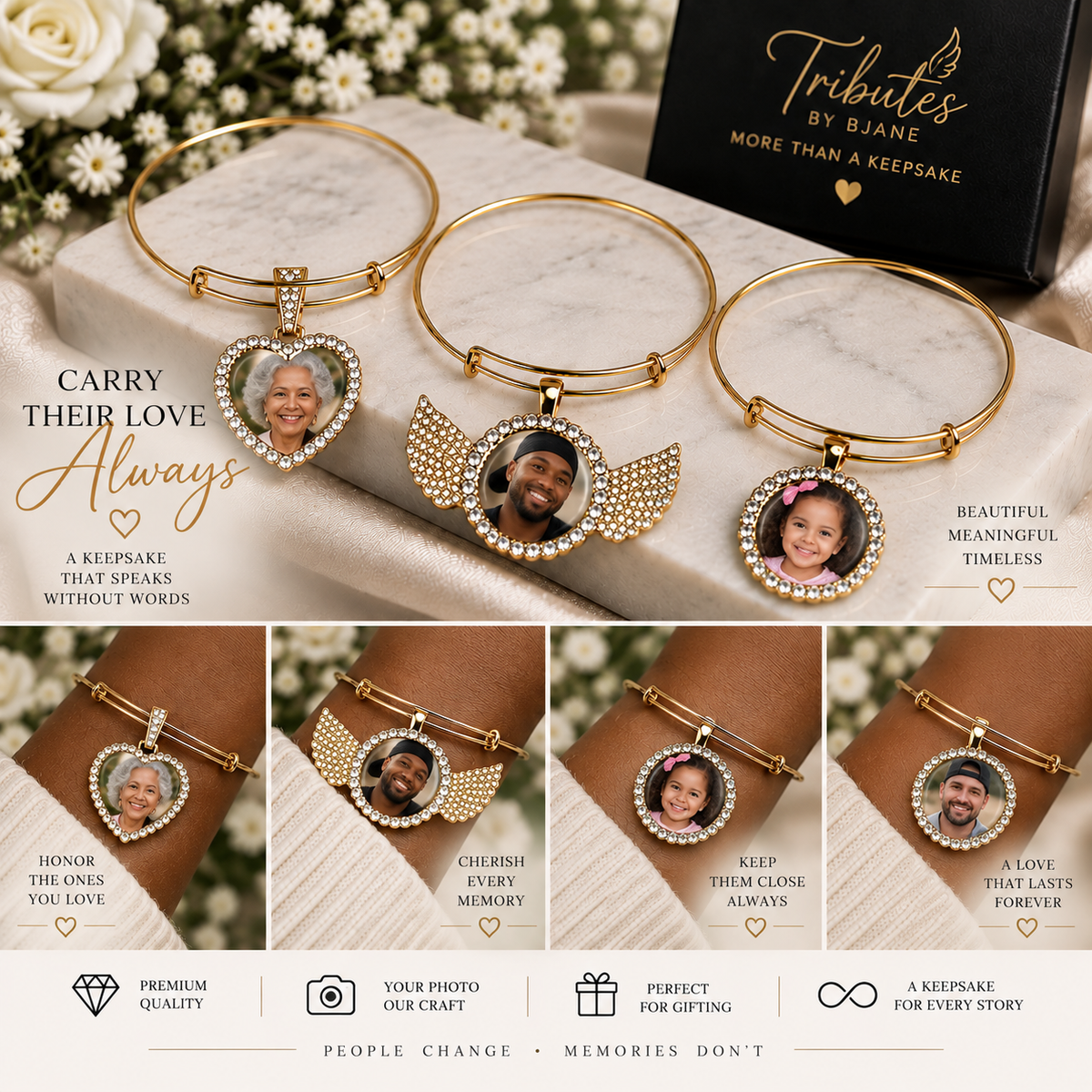Personalized Photo Memorial Bracelet – Heart & Angel Wing Keepsake